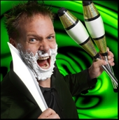 Paul Isaak About to shave his face with a huge knife while juggling it.